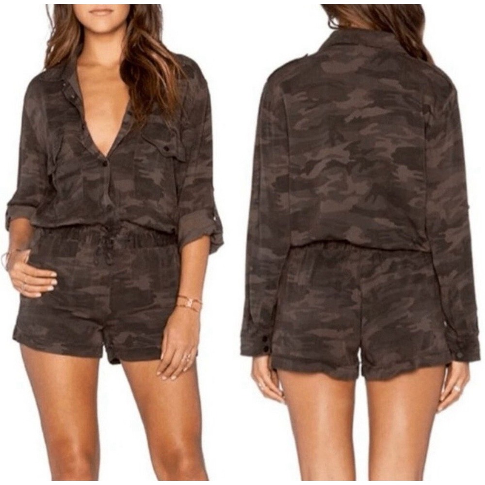 Sanctuary Revolve Camo Soft City Romper Roll Tab Sleeves Casual Green Brown XS